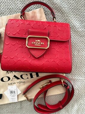 Coach Red Embossed Signature Leather Satchel with Gold Hardware